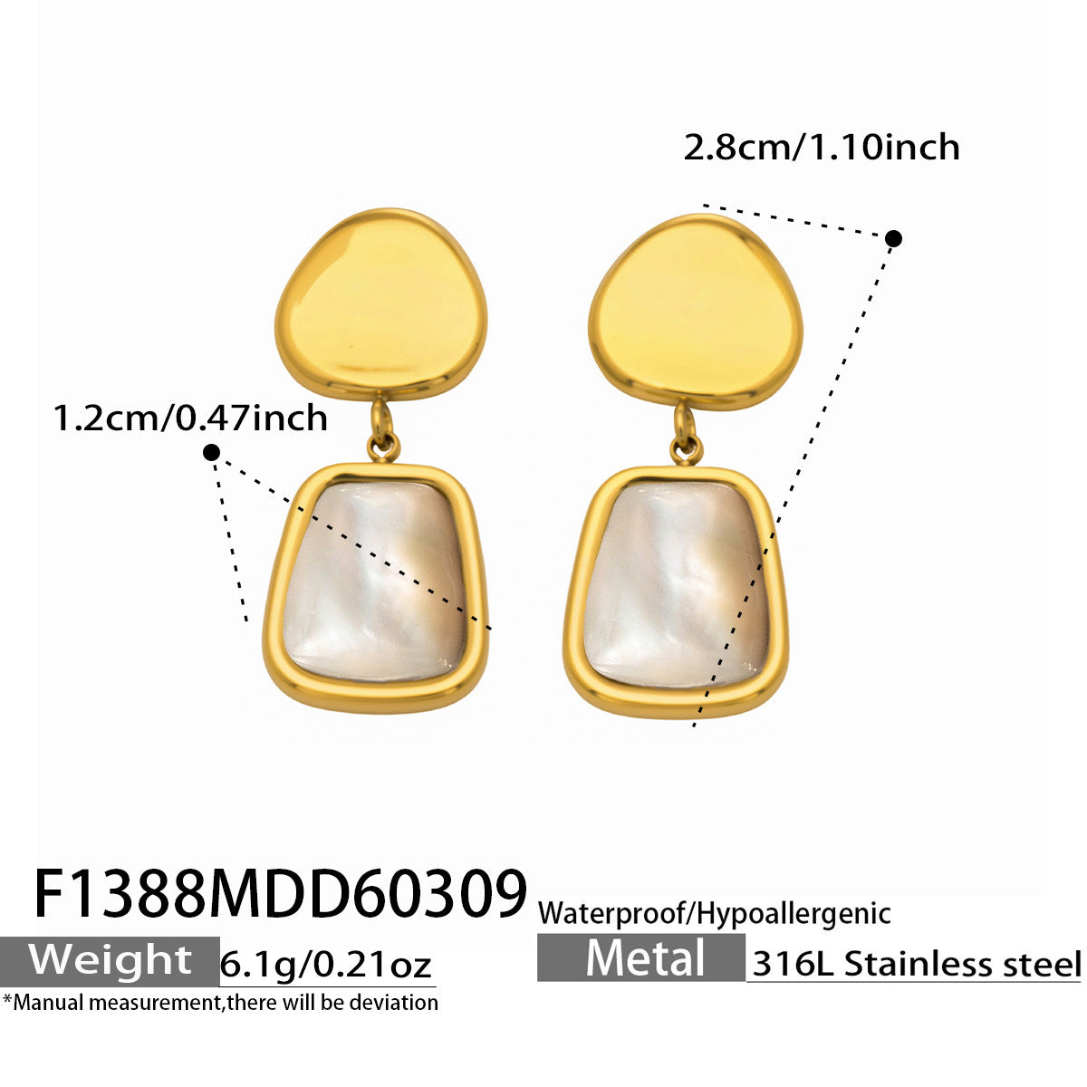 Women's Luxury Stainless Steel White Fritillary Design Real Gold Earrings