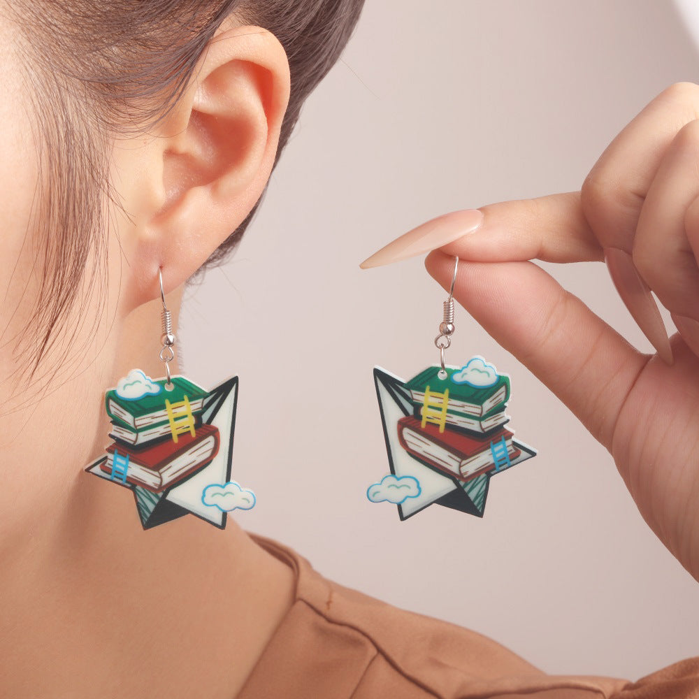 Environmentally Friendly Acrylic Personalized School Opening Paper Plane Books Earrings