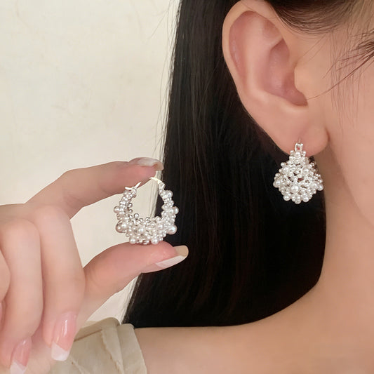 Hollow Flower Basket Pearl Female French Entry Lux Fashionable Temperamental Rings