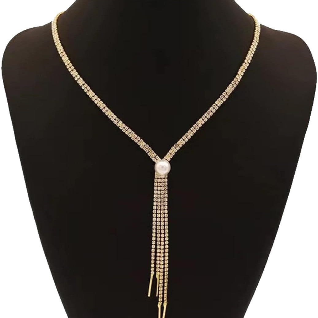 Delicate Pearl Trendy Long Fringe Rhinestone Clavicle Necklace