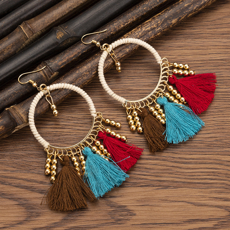 Women's Ethnic Style Bead Tassel Hand-woven Yunnan Earrings