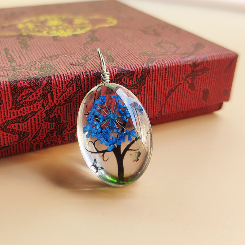 Tree Preserved Fresh Flower Artificial Crystal Oval Starry Sky Plant Necklace
