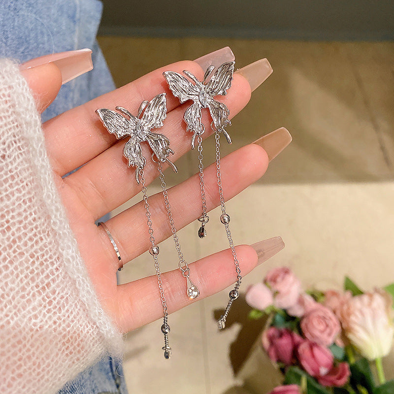 Sier Liquid Butterfly Tassel Female Design High-grade Elf Rings