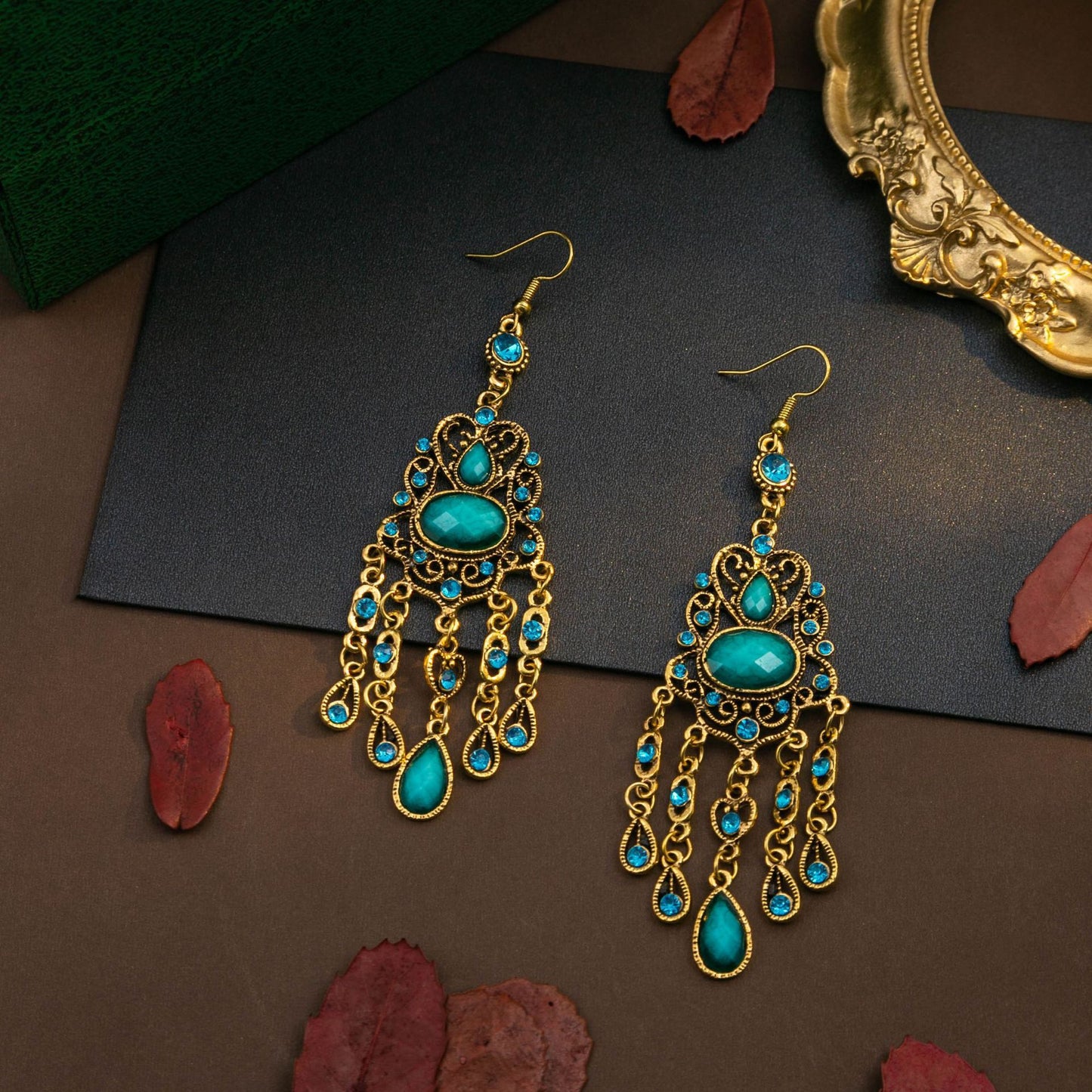 Turquoise Bohemian Palm Owl Bronze Carved Geometric Feather Earrings