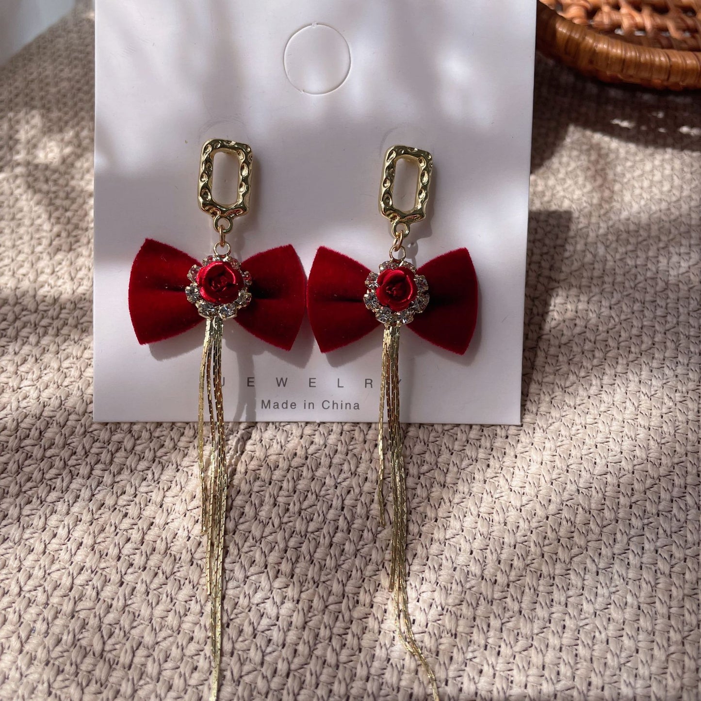 Bridal Red Veet Bow Heart Pearl Toast Earrings