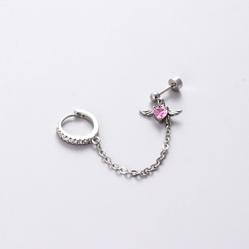 Titanium Steel Ear Bone Pink Heart-shaped Zircon Sweet Cool Earrings