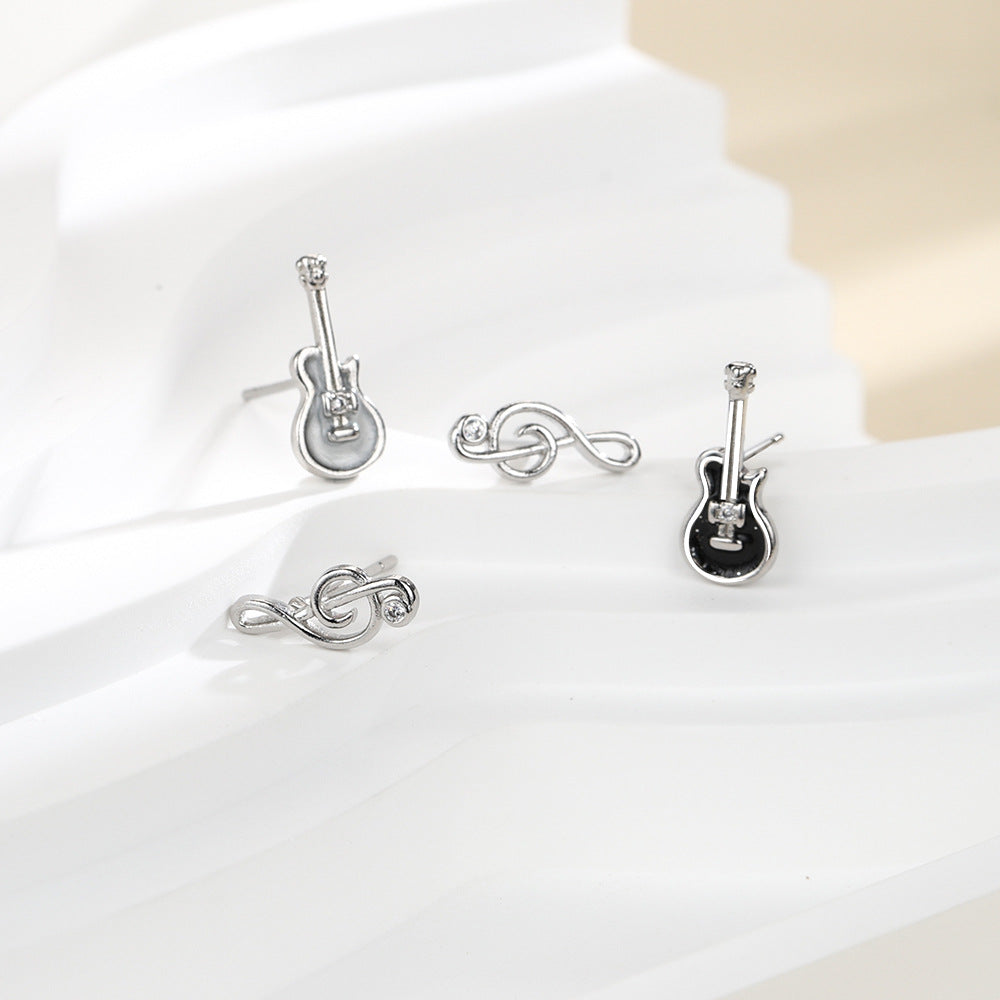 Women's Small Single Diamond Asymmetric Violin Musical Stud Earrings