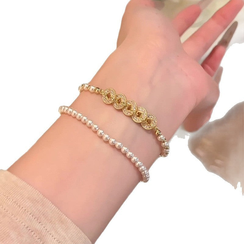 Women's Five Emperors Coin Pearl High Sense Mush Ice Niche Beaded Bracelet