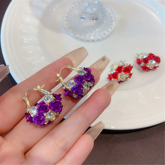 Women's Design Rose Flower Basket Ear Clip Stylish Simple Versatile Refined Stud Earrings