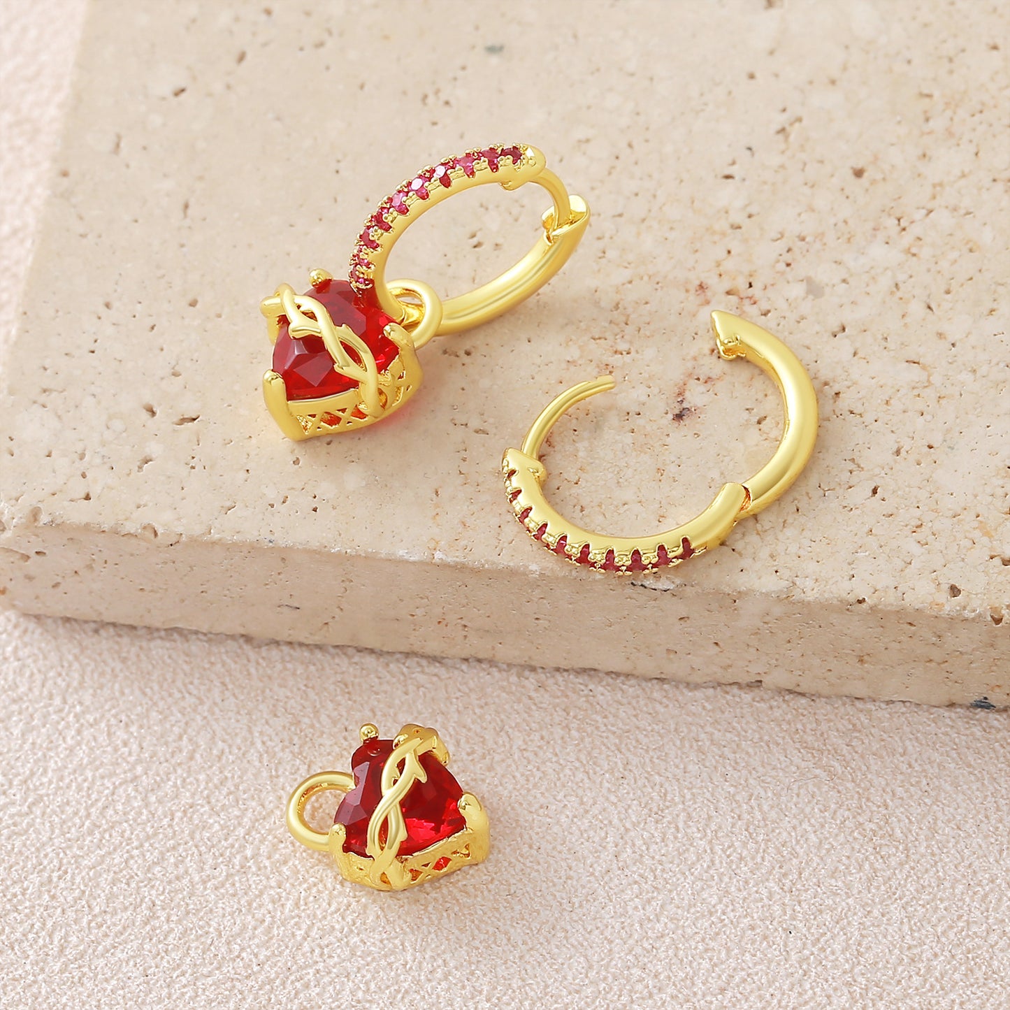 Women's Gold Red Love Heart Gem Thorn Inlaid Zircon Design Sense Earrings