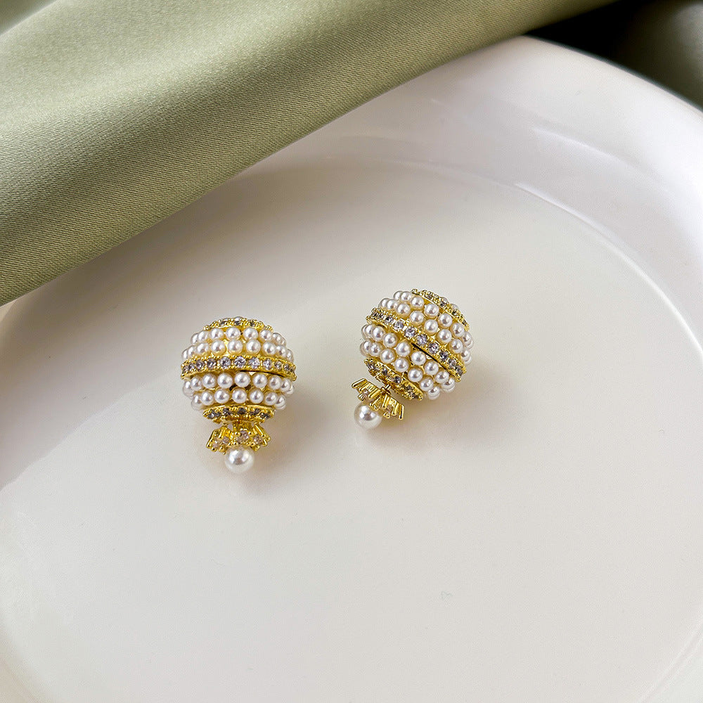 Gentle Diamond Ball Pearl Generous Temperament Wild Retro Personality Earrings