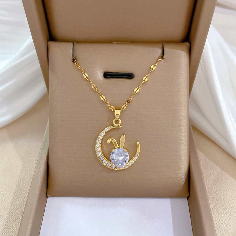 Titanium Steel Light Luxury Moon Full Diamond Design Temperament Necklaces