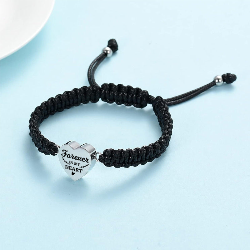 Heart-shaped Cinerary Casket Black Braided Rope Adjustable Stainless Steel Lettering Bracelet