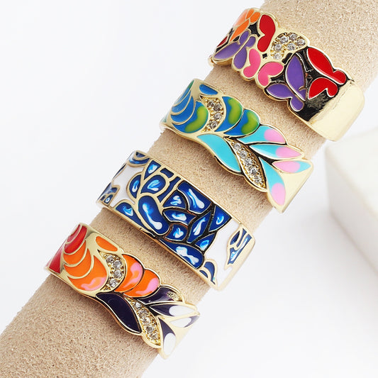 Women's Face Blue Leaf Slate Pattern Opening Adjustable Rings