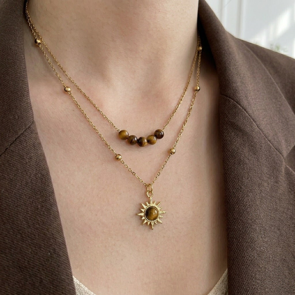 Women's Vintage Gold Sunflower Tiger Eye Niche Design Necklaces