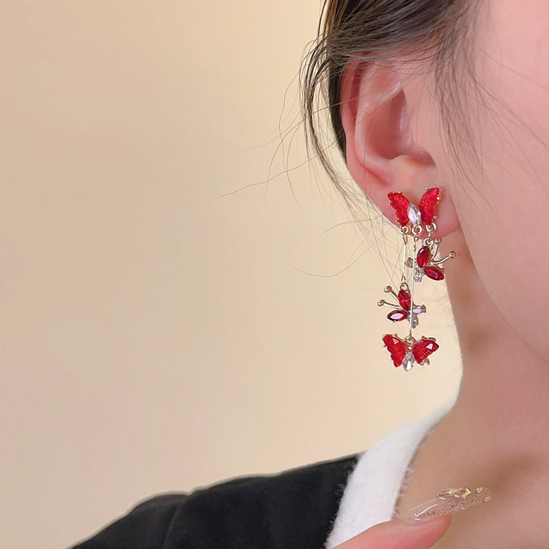 Color Butterfly Female Niche Design Tassel Red High-grade Light Stud Earrings