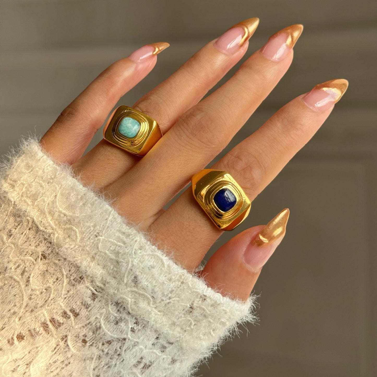 Gold Plated Titanium Steel Vintage Lapis Rings