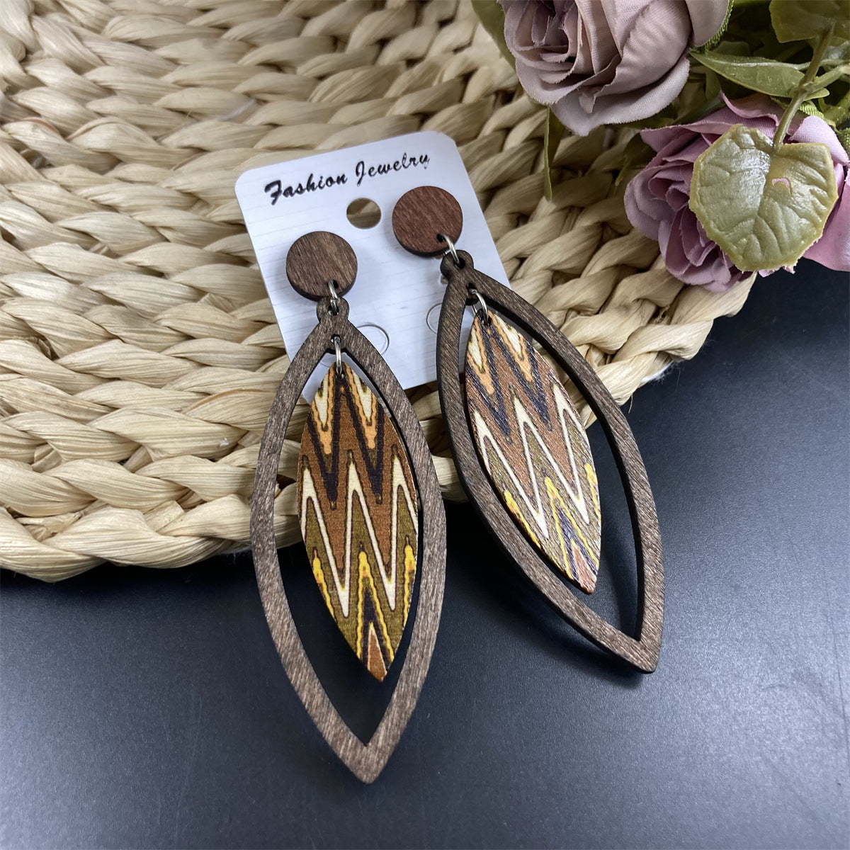 Bohemian High-key Eardrop Wooden Leaves Geometric Earrings