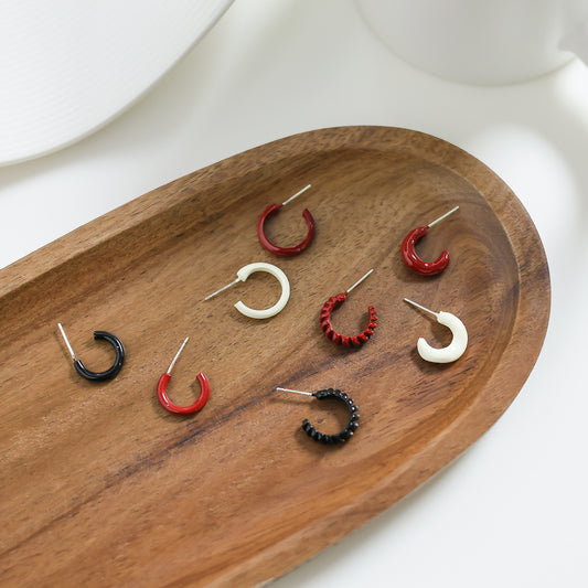 Red Shaped Ear Sier Needle Elegant Earrings