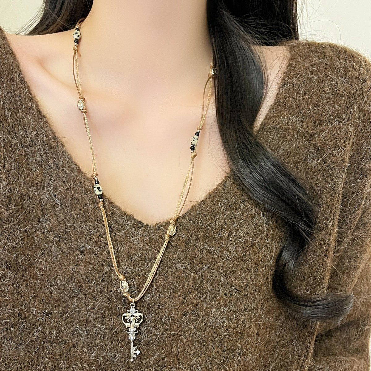 Women's Metal Key Fashion Braided Rope Long Sweater Necklace