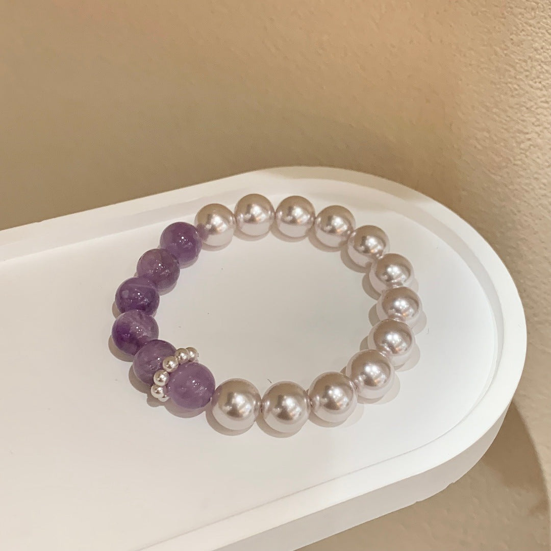 Women's Crystal Manta Rose Pearl Purple Perfect Circle Stitching Elastic String Bracelet