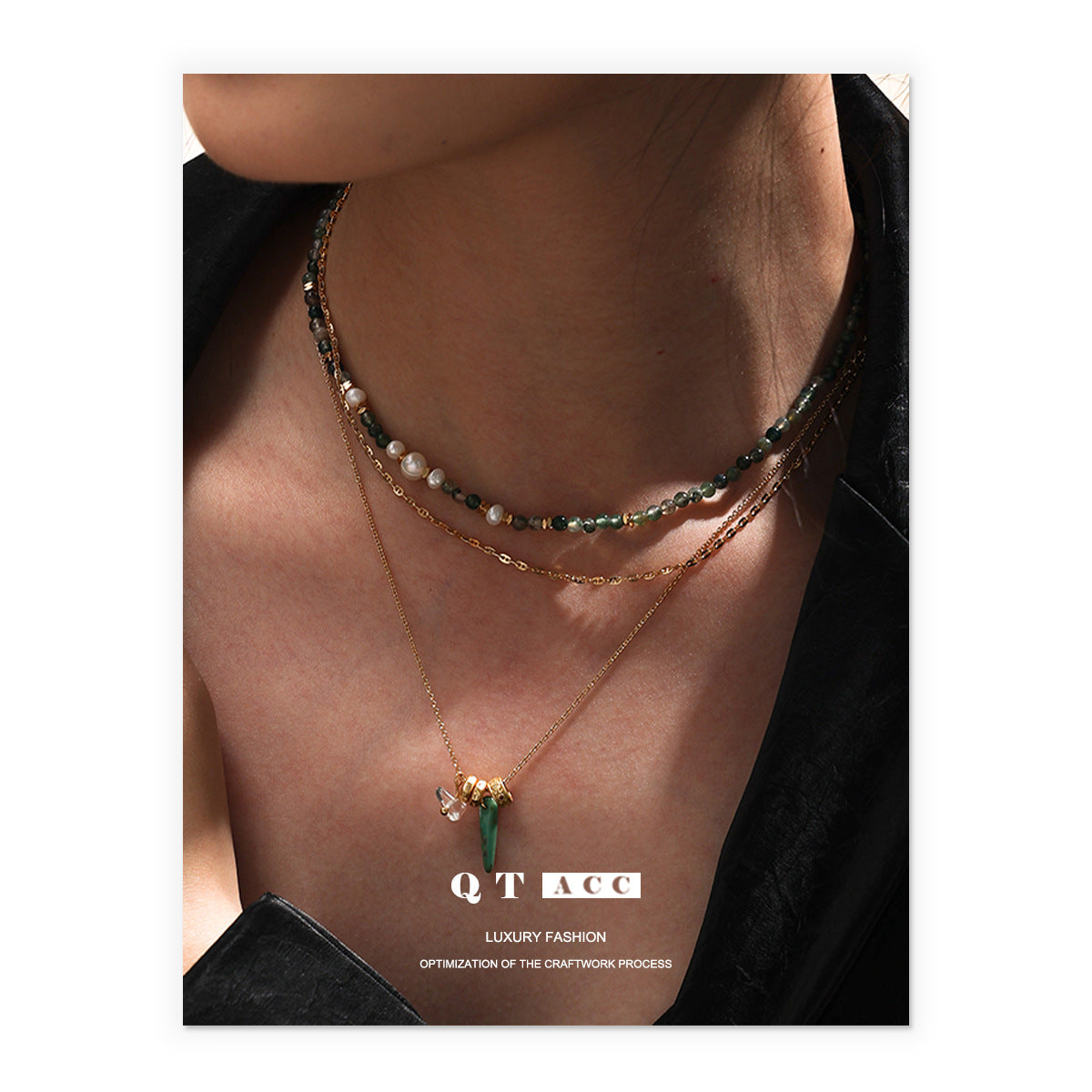 Fashionable Exquisite Twin Light Luxury Green Phantom Natural Real Pearl Necklaces