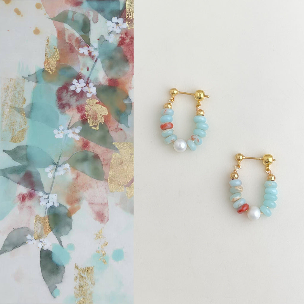 Style Handmade Freshwater Stringed Pearls Ear Chinese Natural Stone Contrast Earrings