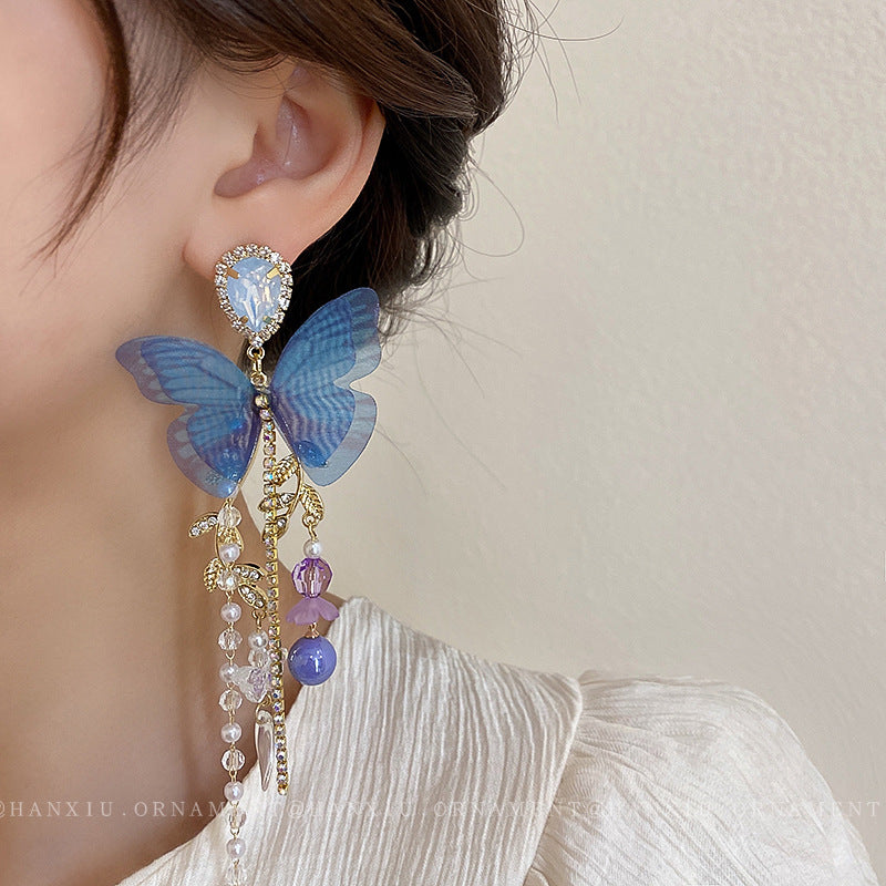 Sier Mesh Blue Butterfly Leaves Pearl Rings