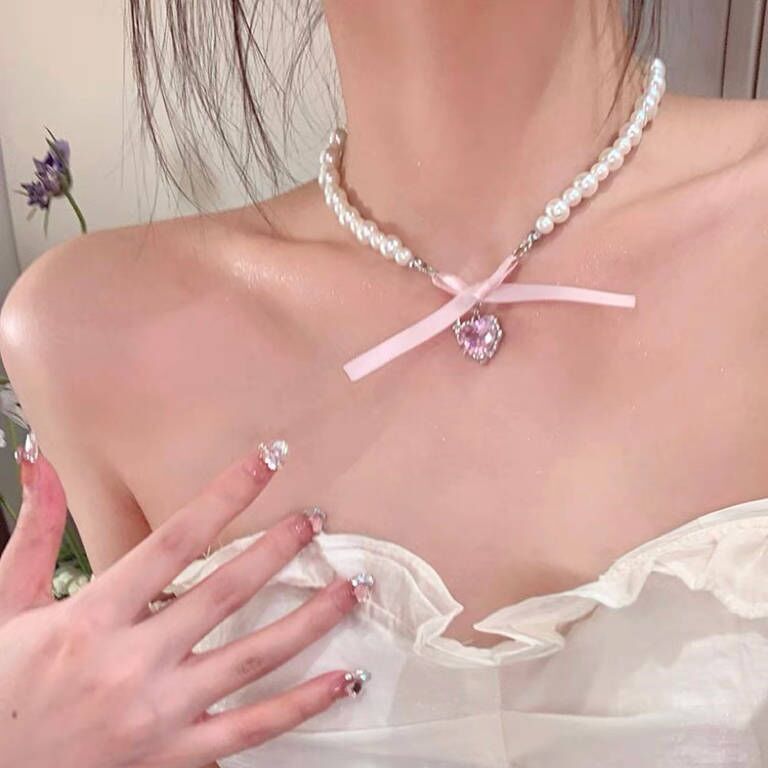 French Romantic Love Baroque Pearl Female Sexy Sweet Bow Necklace