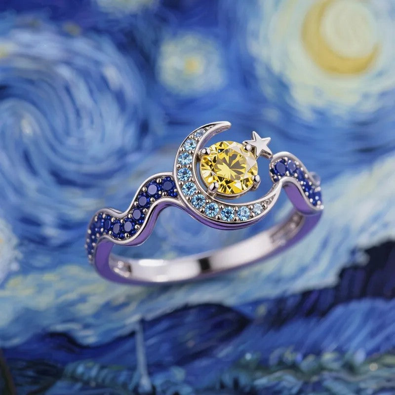 Inlaid Zircon Crescent Tooth Star Moon Creative Water Wave Yellow Ring