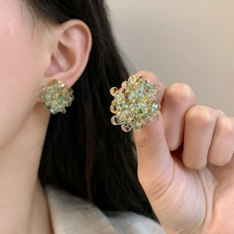 Emerald Beads Cluster Clear Cyan Beaded Niche Gentle Stud Earrings