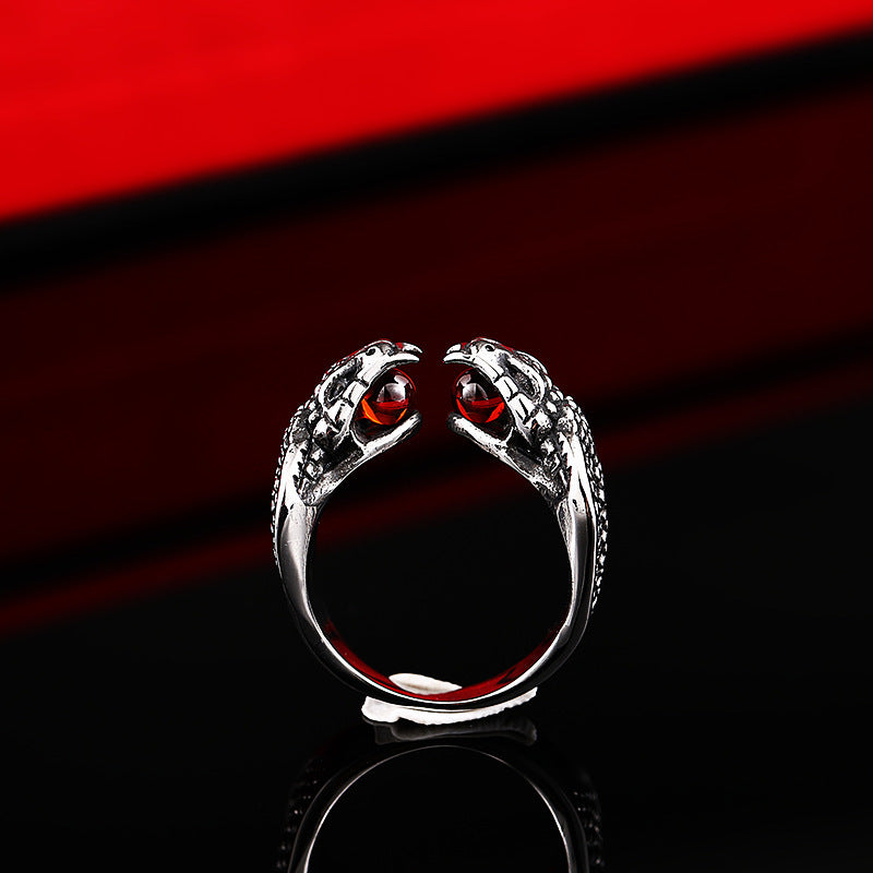 Men's Steel Warrior Retro Stainless Inlaid Zircon Opening Double-headed Ring