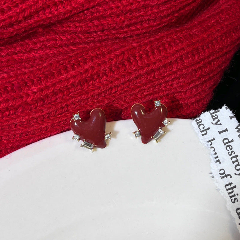 Women's Wine Red Flocking Bow French Retro Earrings