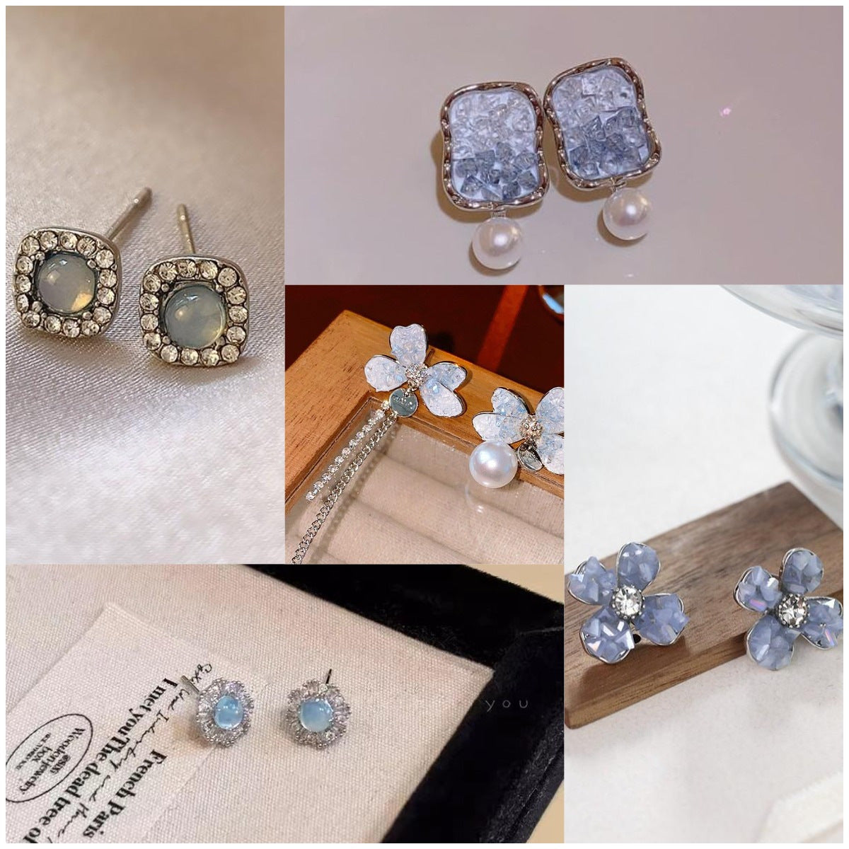 Flowers Small Exquisite Shiny Diamond Irregular Chain Pearl Earrings