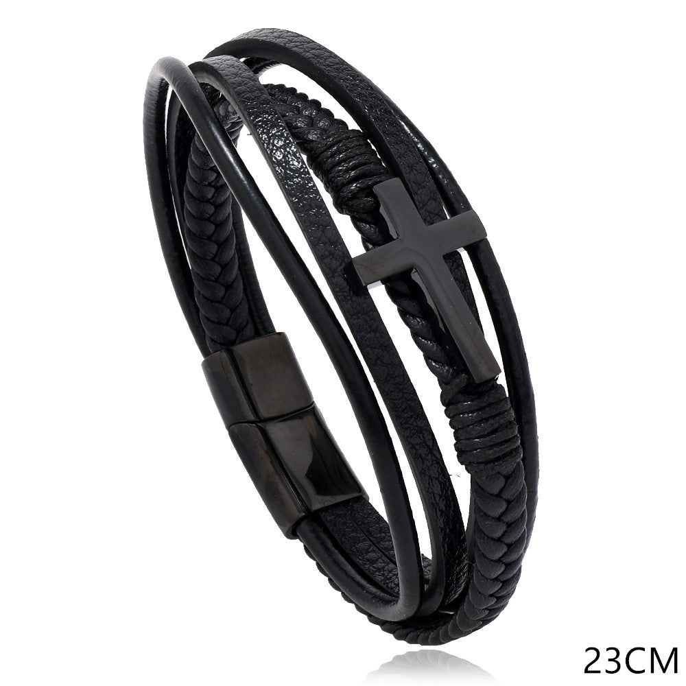 Men's Leather Woven Korean Style Glossy Magnetic Snap Cross Imitation Bracelets