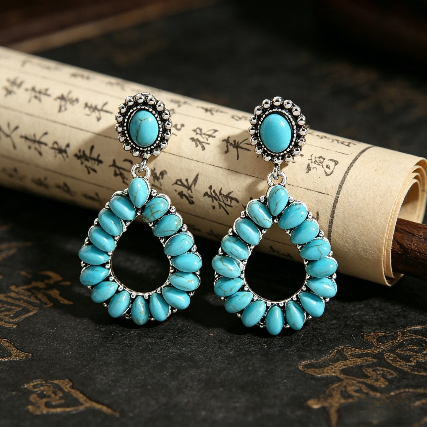 Vintage Water Drop Hollow Turquoise Personalized Earrings