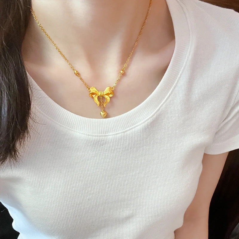 Women's Princess Bowknot Gold Titanium Steel Clavicle Necklace