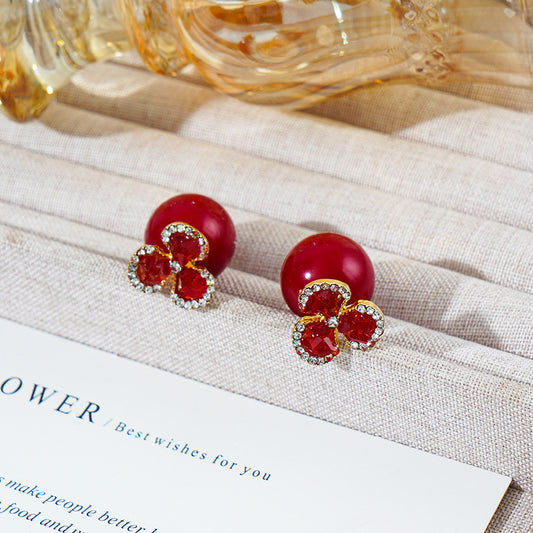 Women's Red Flower Beads Front Rear Ear Light Luxury Three-leaf High Stud Earrings