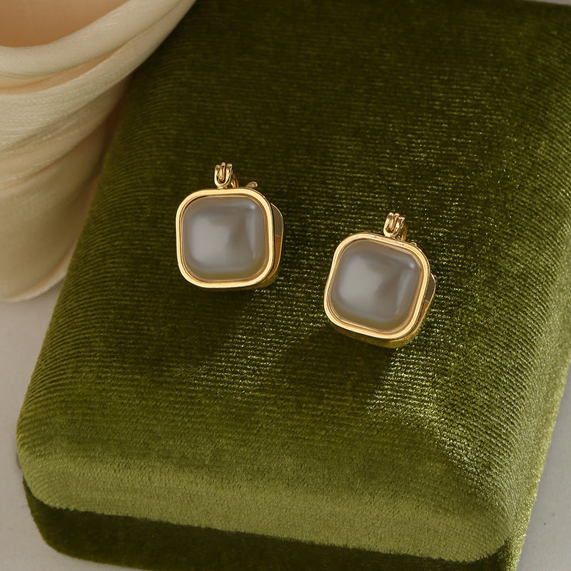 Sier Geometric Square Double-sided Pearl Model Advanced Design Earrings