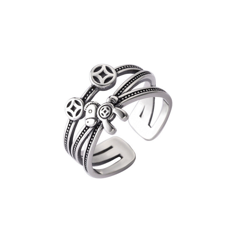 Coin Index Finger Retro Distressed Twin Style Imitation Thai Sier Rings
