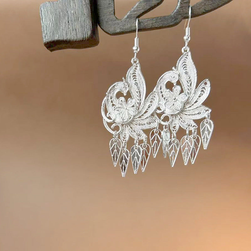Sier Ethnic Style Peacock Retro Ear Hook Vintage Scenic Spot Earrings