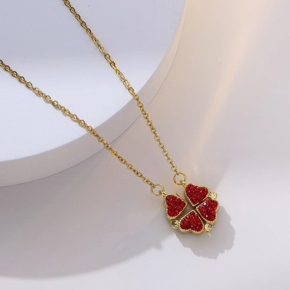 Women's Steel Cross Chain Open Close Four-leaf Flower Necklace