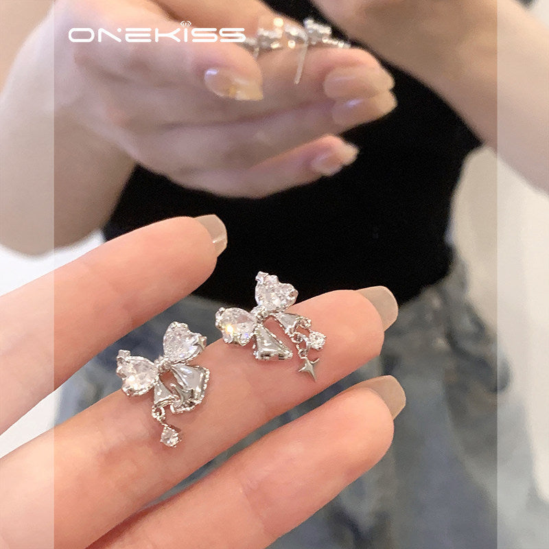 Light Luxury Bow Artificial Zircon Female Ear Clip Niche Earrings