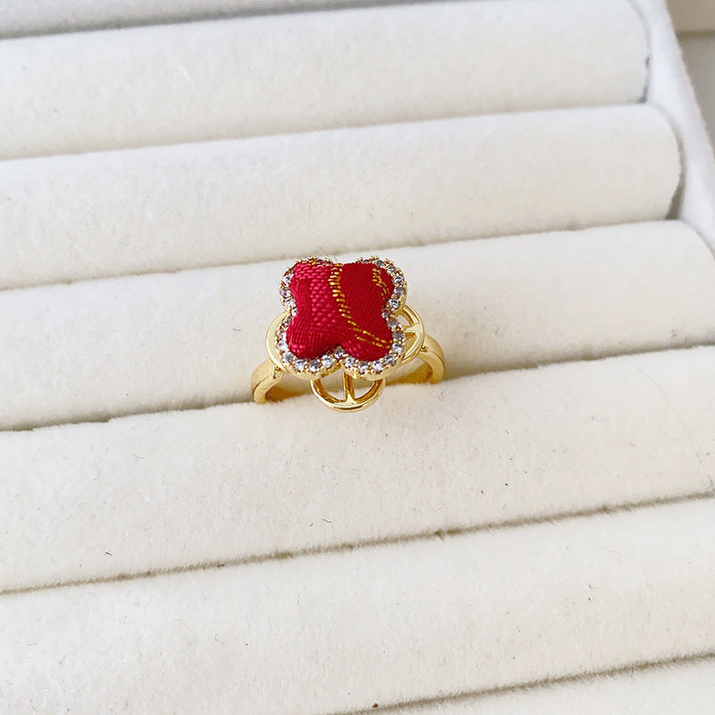 Style Song Dynasty Brocade Clover Rotatable Finished Delicate Rhinestone Copper Rings
