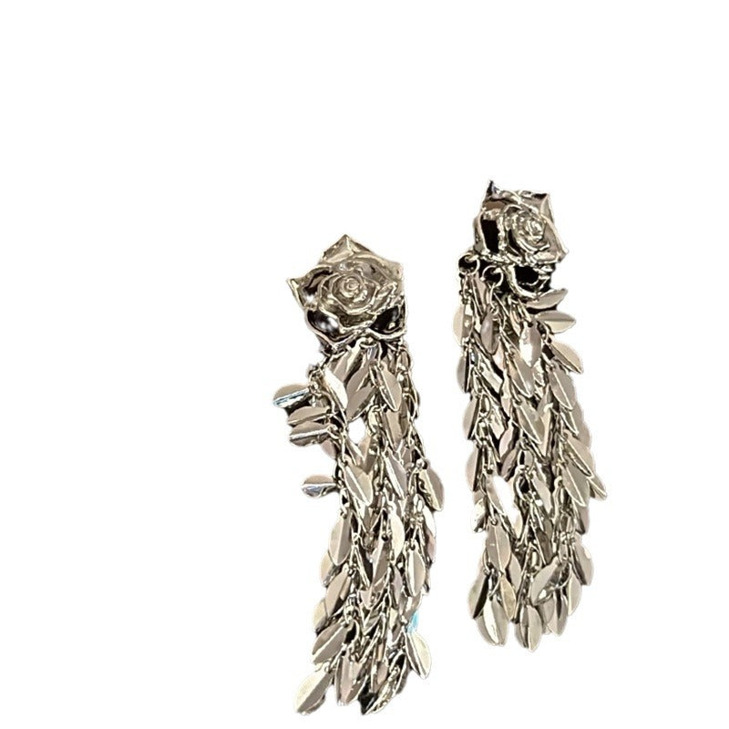 Metallic Long Rose Flower Tassel Exquisite High-grade Earrings