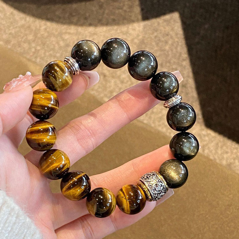 Men's Tigereye Gift Husband Obsidian Gold Crystal Bracelet