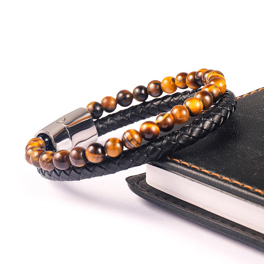 Men's Tiger Eye Beaded Genuine Leather Alloy Cowhide Bracelet