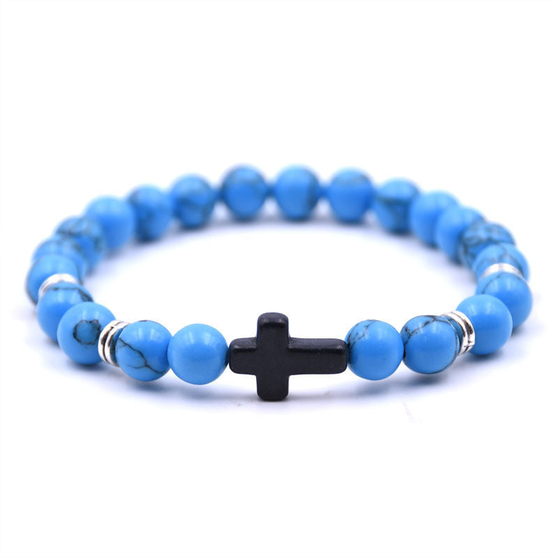 Energy Natural Stone White-barked Pine Blue Crystal Metal Cross Bracelets