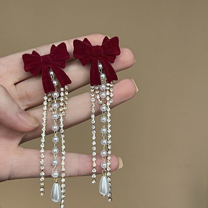 Bow Tassel Pearl Female Fairy Red Earrings