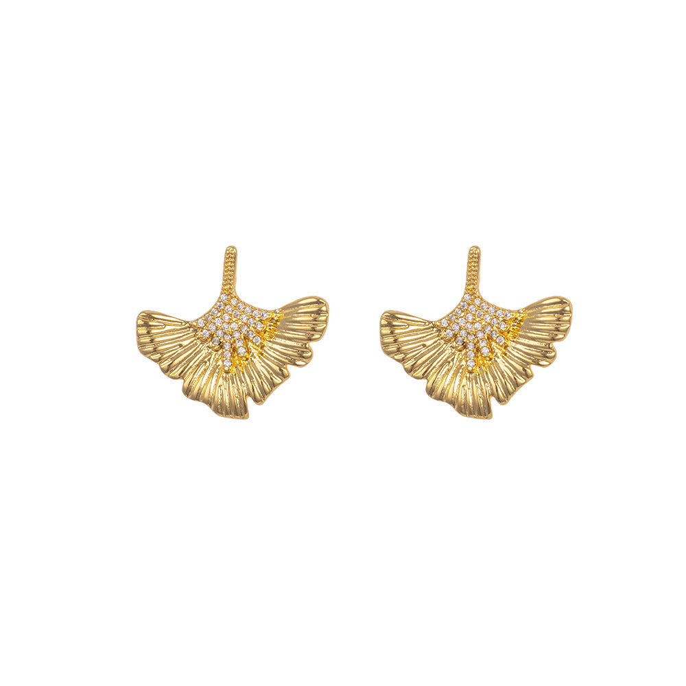 Retro Fashion High-grade Inlaid Zircon Ginkgo Stud Earrings